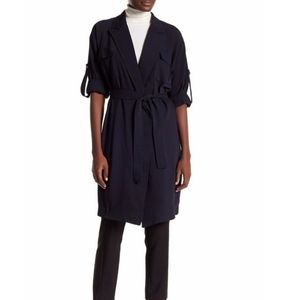 Few Moda Navy Blue Tie Front Lightweight Notch Collar Trench Overcoat sz medium